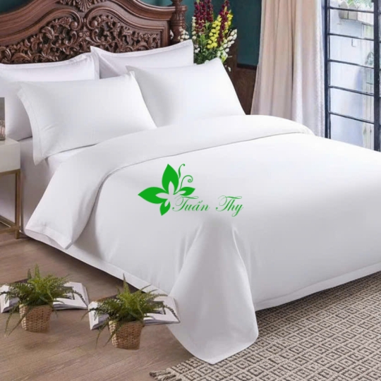 Bộ chăn ga vải T400 trắng trơn 100% cottonsatin 