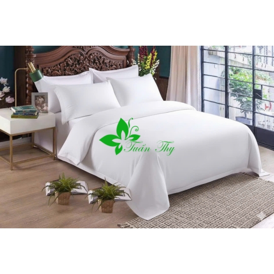 Bộ chăn ga vải T400 trắng trơn 100% cottonsatin 